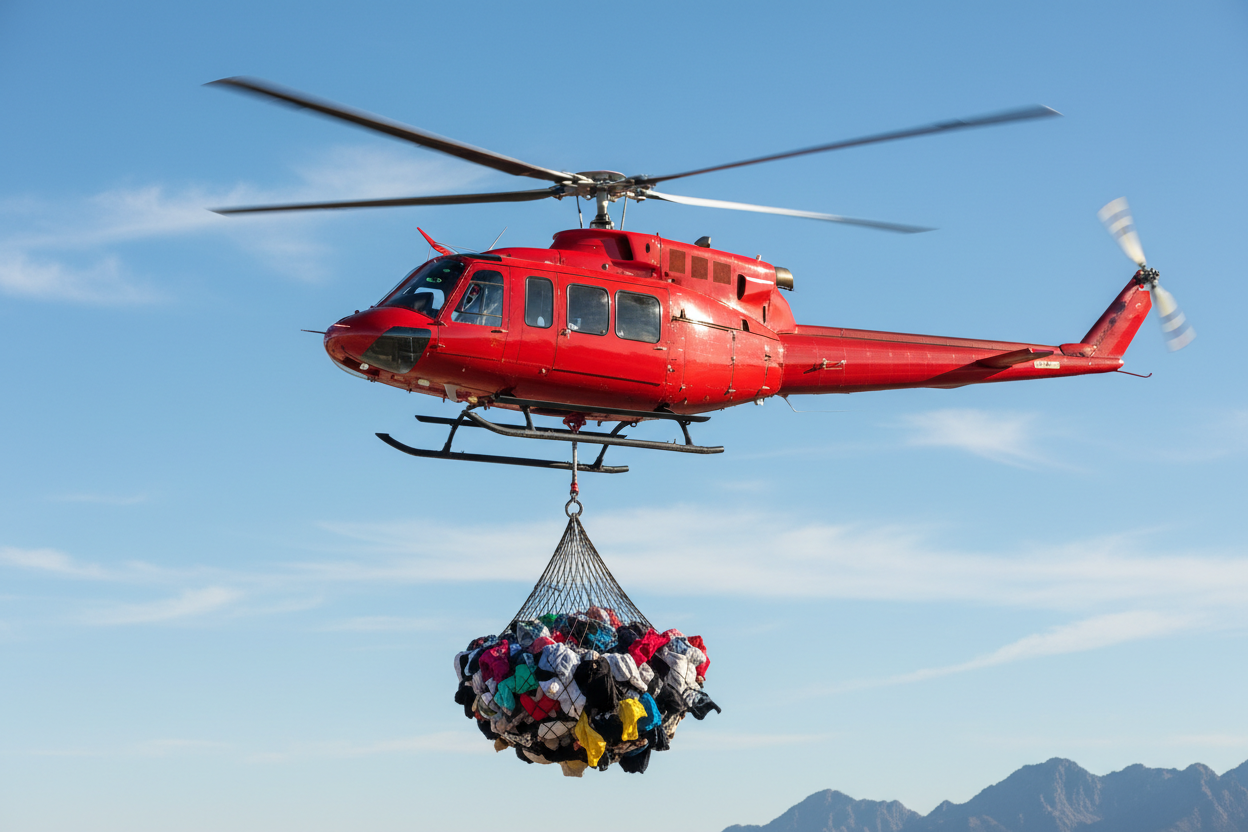 A red helicopter with a sling load underneath that is a cargo net full of underpants